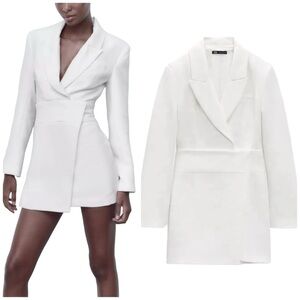 Zara Deep V-Neck Collared White Mini Blazer Dress with Shoulder Pads